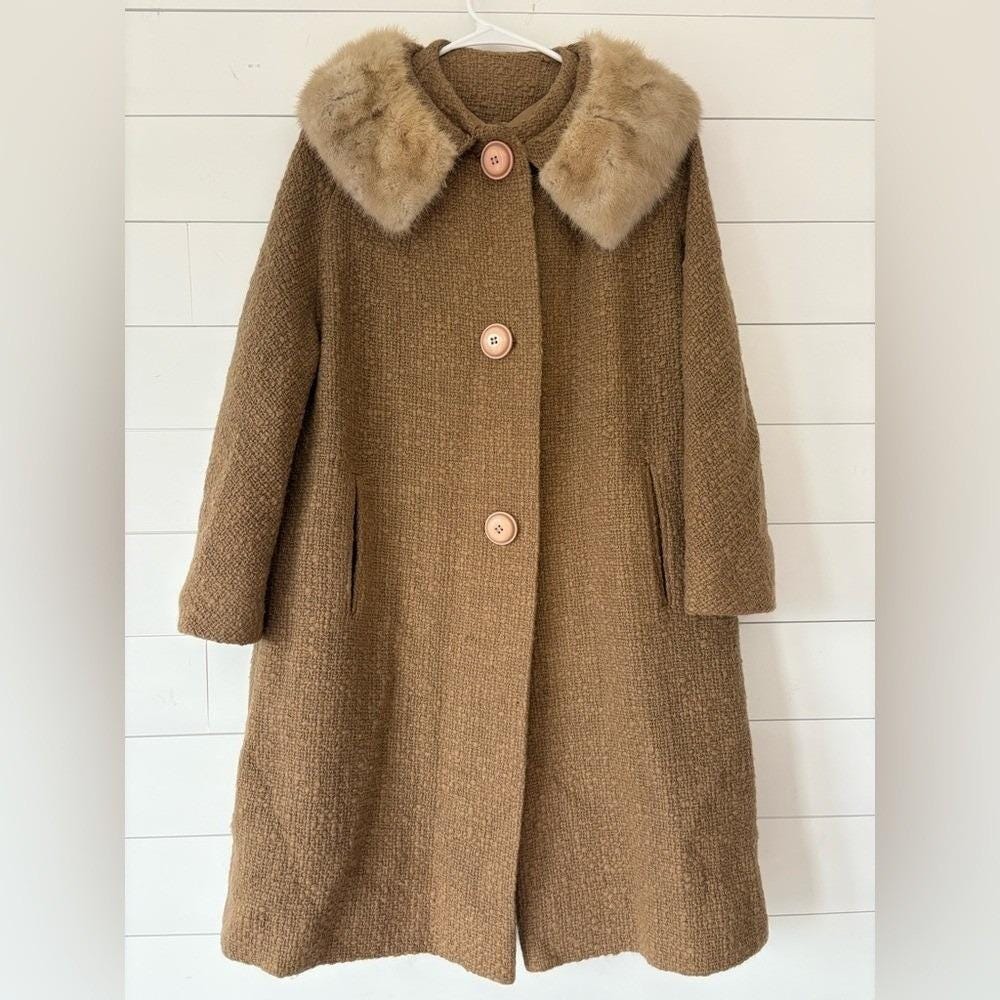 Vintage 1960s Boucle Wool Coat Faux Fur Collar Brown Swing Mod Retro